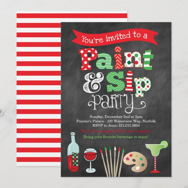 Holiday Paint and Sip Wine and Painting Invitation (Front/Back)