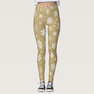 Holiday Pale Gold and White Snowflakes Leggings