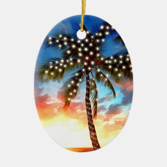 Holiday Palm Tree Lights at Sunset Ceramic Ornament (Front)