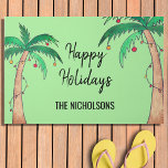 Holiday Palm Trees Personalized Doormat<br><div class="desc">This fun festive door mat is decorated with watercolor palm trees and Christmas lights on a bright green background.
Personalize this mat with your name and change the greeting if you like.
Original Watercolor © Michele Davies.</div>
