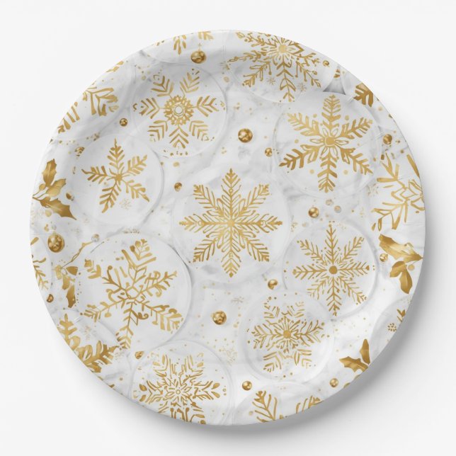Holiday paper plate in gold and white (Front)