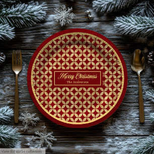 Holiday Paper Plates Red Gold Festive Monogram