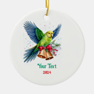 Holiday Parakeet and Bells Ceramic Ornament