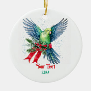 Holiday Parakeet and Red Christmas Ribbon Ceramic Ornament