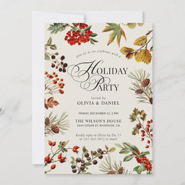 Holiday Party Botanical Plants Berries Script Invitation (Front)