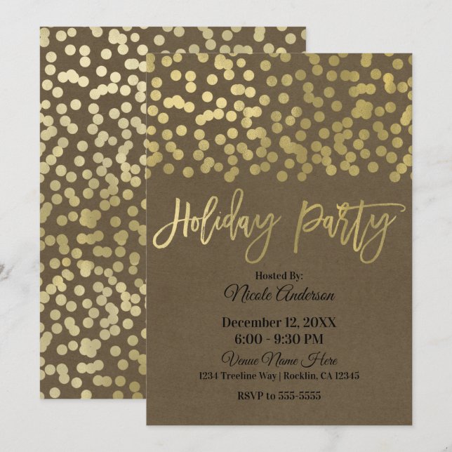 Holiday Party Gold Script Modern Chic Rustic Kraft Invitation (Front/Back)