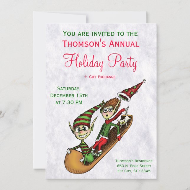 Holiday Party Invitation - Crazy Elf Sled Ride (Front)