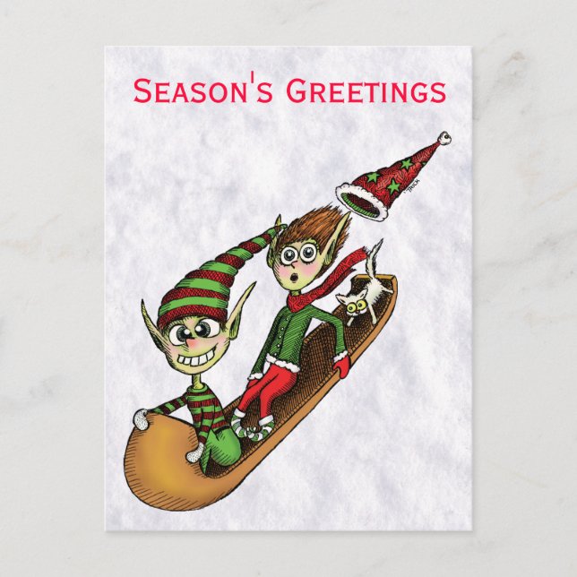 Holiday Party Invitation - Crazy Elf Sled Ride Postcard (Front)
