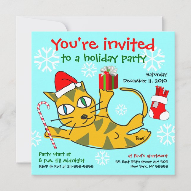 Holiday Party Invitation Rolling Cat (Front)