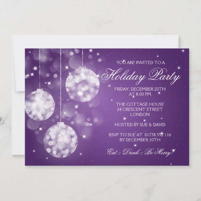 Holiday Party Invitation Sparkling Baubles Purple (Front)