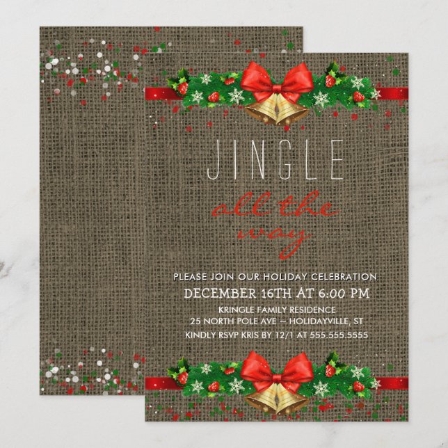 Holiday Party Jingle All the Way Rustic Burlap Invitation (Front/Back)