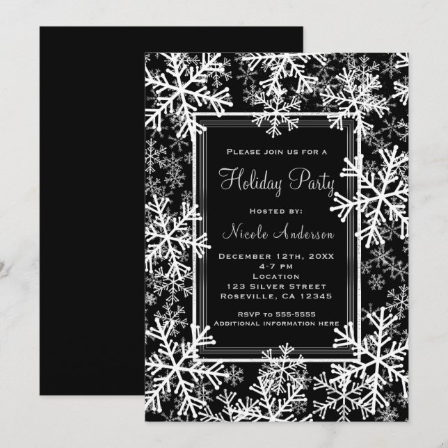 Holiday Party Modern Black & White Snowflakes Invitation (Front/Back)
