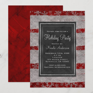 Holiday Party Modern Red Marble Silver Snowflakes Invitation