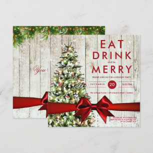 Holiday Party Modern Tree, Lights & Red Ribbon Invitation