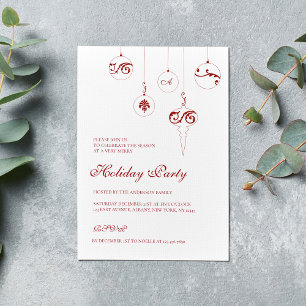 Holiday Party Monogram Bauble Ornaments Berry Red  Invitation