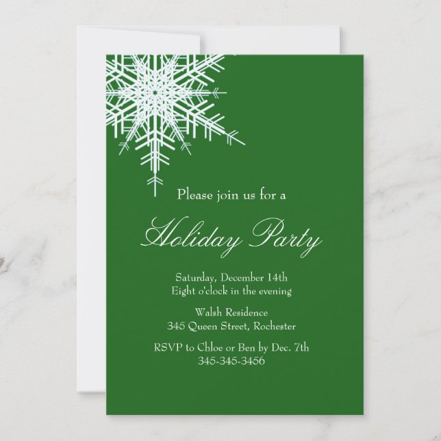 Holiday Party Offset Snowy Green Invitation (Front)