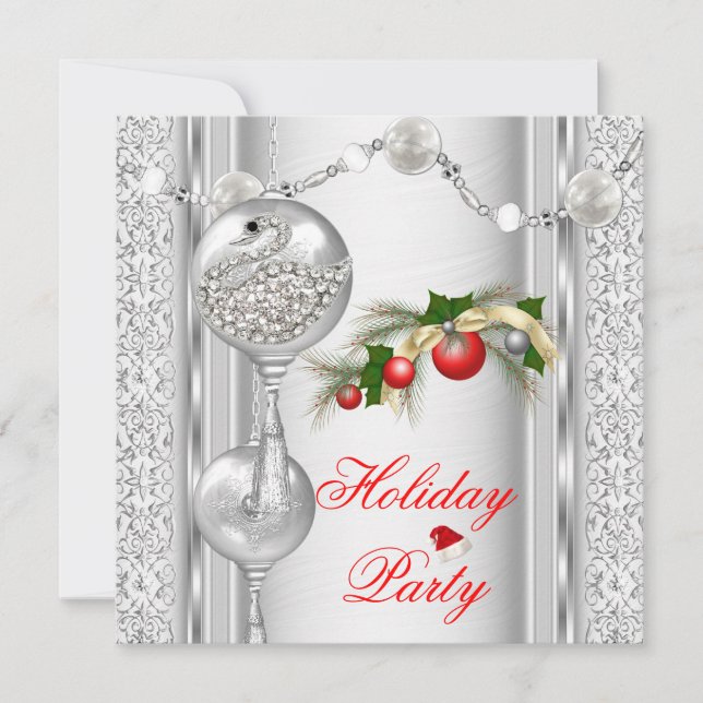 Holiday Party Red Silver White Christmas 4 Invitation (Front)