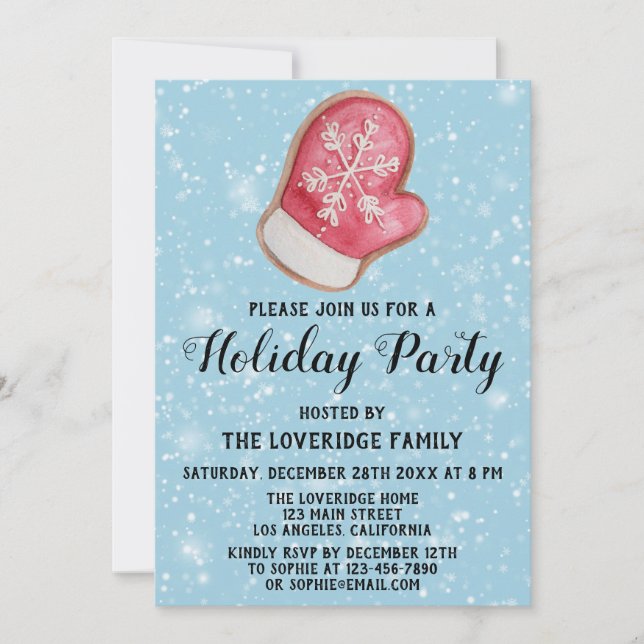 Holiday Party Red & White Mitten Cookie Blue Snow Invitation (Front)
