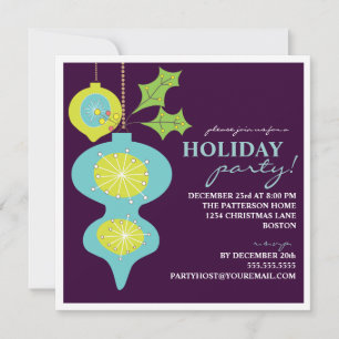 Holiday Party Retro Turquoise Ornament Invitation