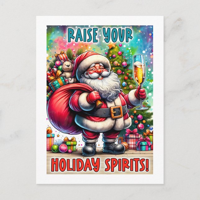 Holiday Party Santa – Champagne, Tree & Teddy Bear Postcard (Front)