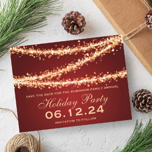 Holiday Party Save The Date Gold String Lights Announcement Postcard