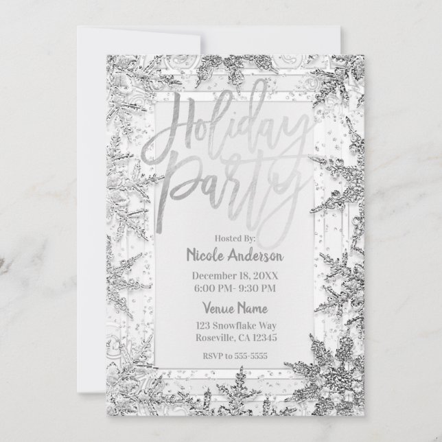 HOLIDAY PARTY Silver Snowflakes Modern Script Invitation (Front)