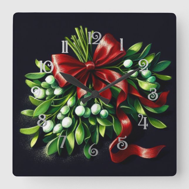 Holiday Pastel Drawing Mistletoe Ribbon Square Wall Clock (Front)