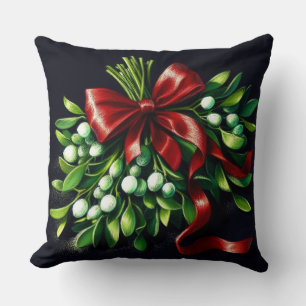 Holiday Pastel Drawing Mistletoe Ribbon Throw Pillow