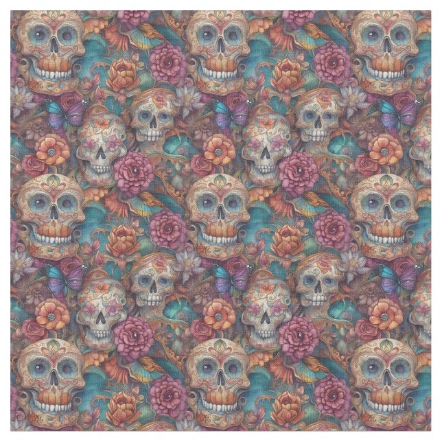 Holiday Pattern - Sugar Skulls and Butterflies Fabric (Close Up)