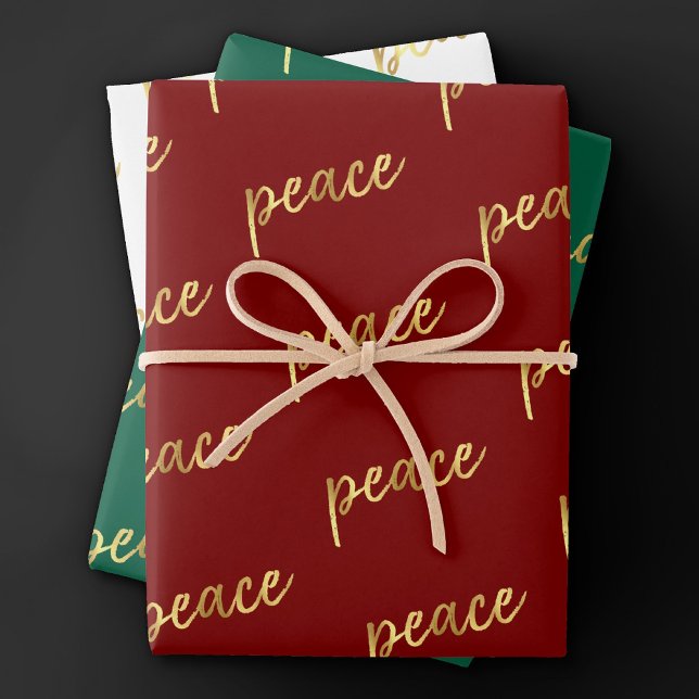 Holiday Peace | Faux Gold Foil Calligraphy White Wrapping Paper Sheet (Creator Uploaded)