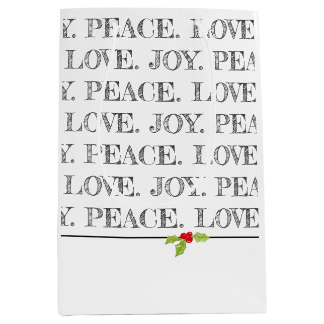 Holiday Peace Love Joy Christmas Holly Text Medium Gift Bag (Front)