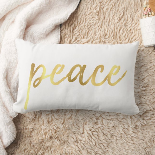 Holiday Peace | Modern Gold Casual Script on White Lumbar Pillow (Blanket)