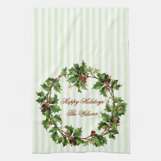 Holiday Personalized Vintage Holly Wreath Kitchen Towel