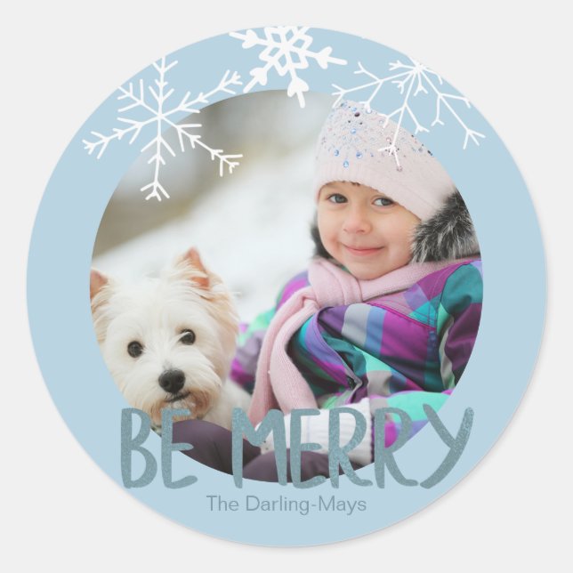 Holiday Photo Be Merry Christmas Blue Snowflakes Classic Round Sticker (Front)