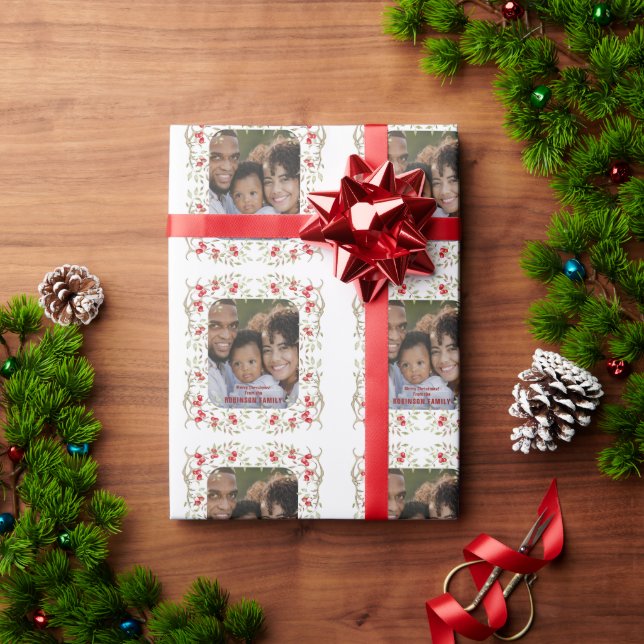 Holiday Photo Berry Wreath Personalized  Wrapping Paper (Holiday Gift)