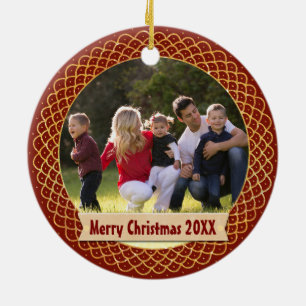 Holiday Photo Frame Monogram Red Gold Christmas Ceramic Ornament