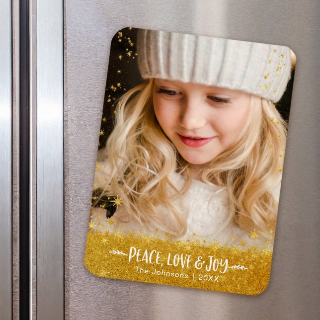 Holiday Photo Gold Stars Peace Love Joy Modern Magnet (Creator Uploaded)