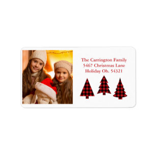 Holiday Photo Holiday Buffalo Check Tree Christmas Label