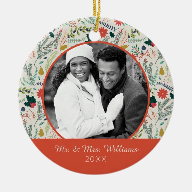 Holiday Photo | Merry Christmas Holiday Floral Ceramic Ornament (Front)