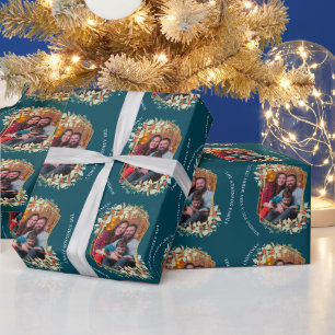 Holiday Photo Mistletoe Gold Frame Personalized  Wrapping Paper