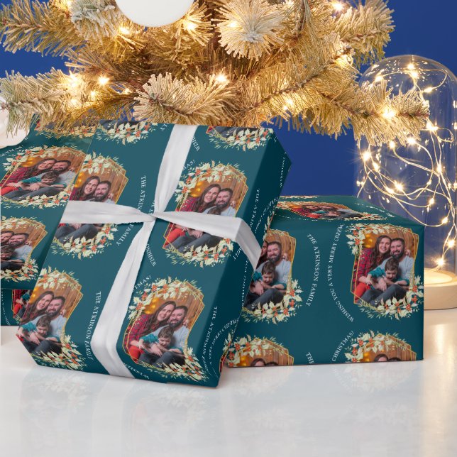 Holiday Photo Mistletoe Gold Frame Personalized  Wrapping Paper (Holidays)