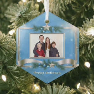 Holiday Photo Ornament on Blue with Silver Frame