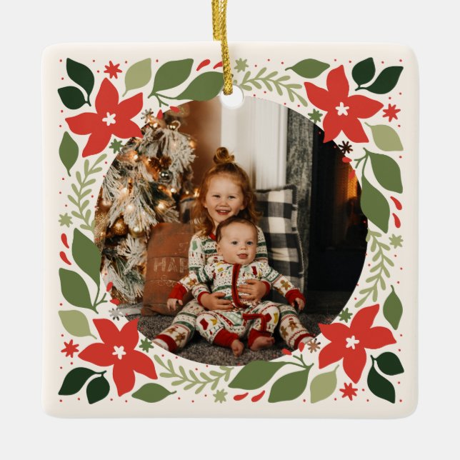 Holiday Photo Poinsettia Ceramic Ornament (Front)
