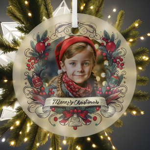 Holiday Photo Portrait Festive Red & Teal Wreath Glass Ornament