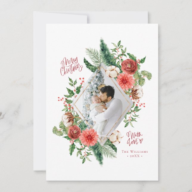 Holiday Photo Watercolor Floral Merry Christmas (Front)
