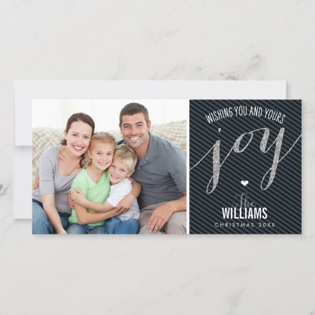 HOLIDAY PHOTOCARD striped glitter type joy black Card (Front)