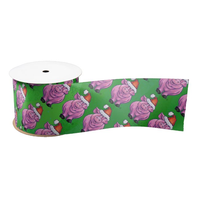 Holiday Pig in Santa Hat Pattern on Green Satin Ribbon (Spool)
