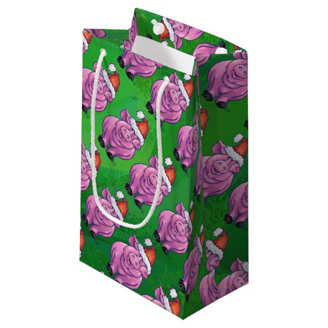 Holiday Pig in Santa Hat Pattern on Green Small Gift Bag (Front Angled)