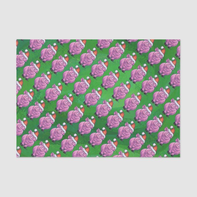 Holiday Pig in Santa Hat Pattern on Green Tissue Paper (Front)