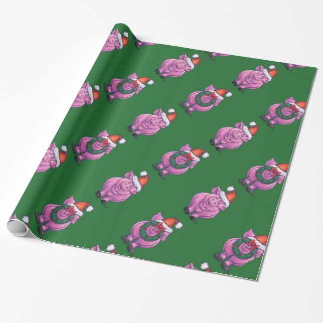 Holiday Pig in Santa Hat Pattern on Green Wrapping Paper (Unrolled)